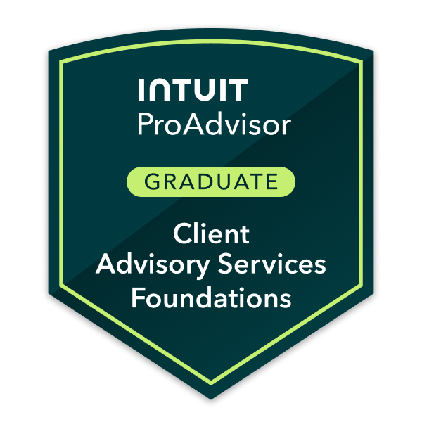 The black and green Certified ProAdvisor Client Advisory Services badge means a Certified QuickBooks ProAdvisor has passed the Intuit ProAdvisor Graduate Client Advisory Services Foundations training and test for advising their clients about accounting related matters.